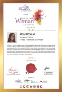 Another feather added to our cap! World Women Leadership Congress Awards in their recent seminar & awards ceremony recognized Jaya Ratnani - Managing Partner- FREED Financial Services with "Middle East Women Leaders" award. We are thankful to our clients for their continued support & trust.