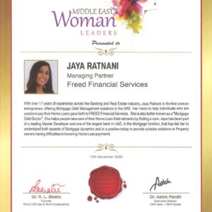 Another feather added to our cap! World Women Leadership Congress Awards in their recent seminar & awards ceremony recognized Jaya Ratnani - Managing Partner- FREED Financial Services with "Middle East Women Leaders" award. We are thankful to our clients for their continued support & trust.